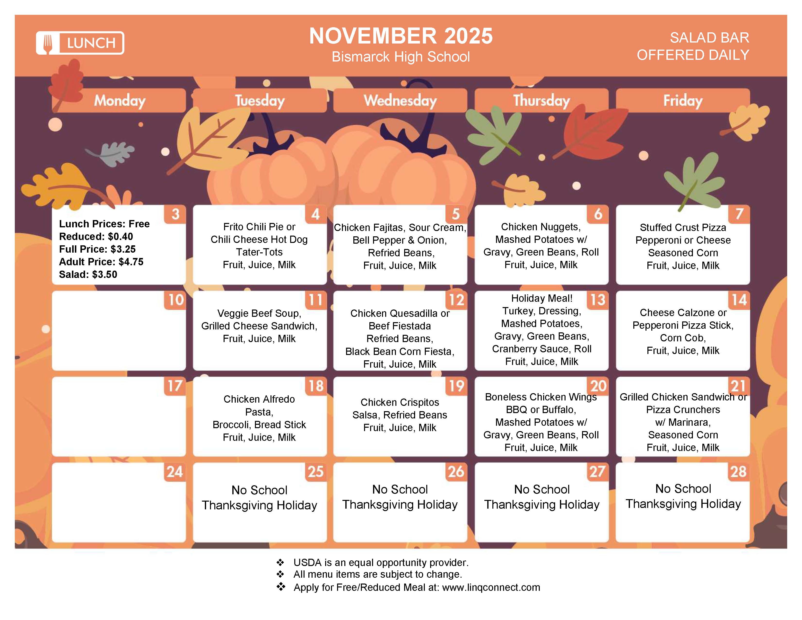 November 2025 BHS Lunch Menu